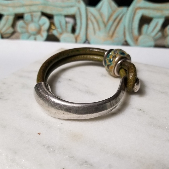 Silver Metal & Olive Leather Cord Bracelet With Bead Accent - Picture 3 of 7